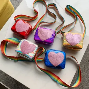 Las niñas bolsa niño niña bolso de cinturón de arco iris los niños bolso de lentejuelas corazón Mnini monedero lindo monedero chica Boutique