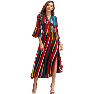 YILEYA <span class=keywords><strong>de</strong></span> rayas arco iris <span class=keywords><strong>de</strong></span> las mujeres Vestido largo <span class=keywords><strong>de</strong></span> nuevo estilo chifón vestido midi con cuello fajas - Product Image 1