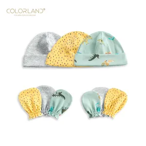 COLORLAND anti scratch mittens and caps set cotton baby hat with gloves for new-born