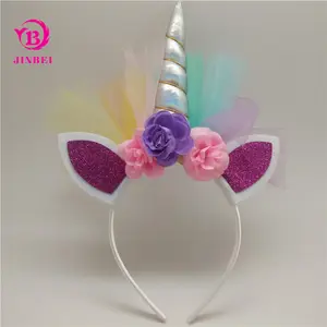 Neue Klassische Design Frauen Mädchen Party Kunststoff Stirnband Einhorn Horn Glitter Katze Ohr Blume Stirnband Mit Bunte Gaze