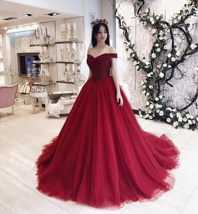 Custom Made Asian Burgundy off Shoulder Ball Gown Prom Dress