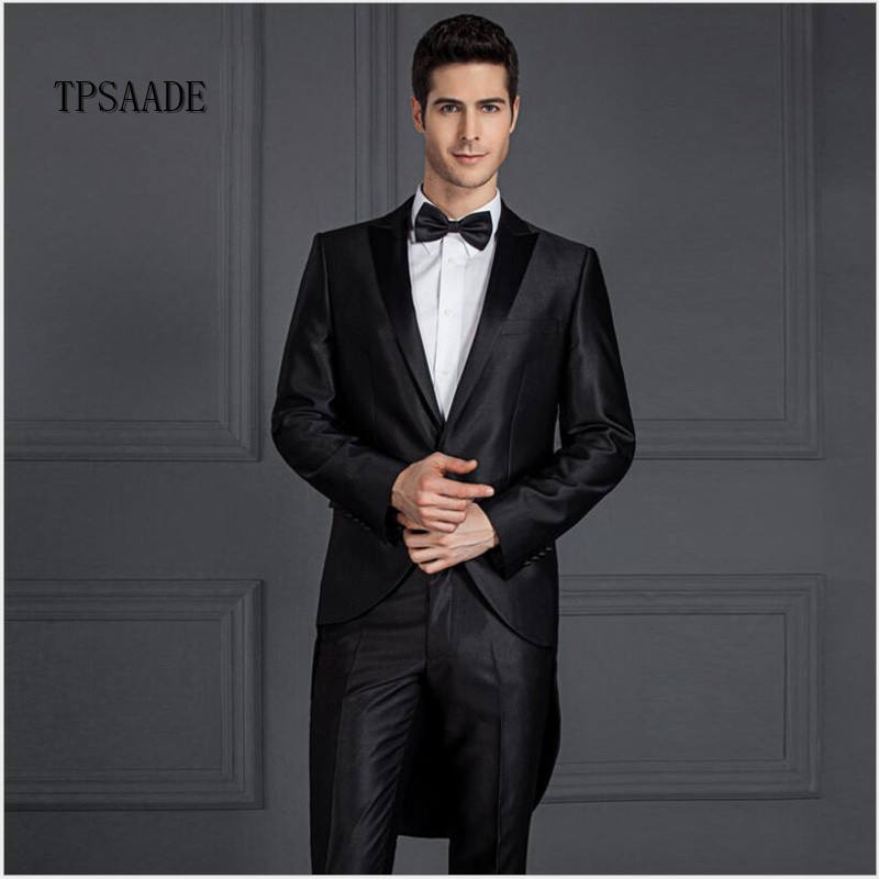 Costume noir à longue queue pour hommes, smoking à revers ouvert - Main Image