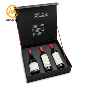 High-class personalizado logotipo preto papel magnético rígido presente caixa dobrável embalagem para 3 vinho 2 garrafa