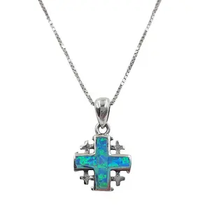 Hermoso colgante de Cruz de Jerusalén de ópalo de Fuego Azul de Plata de Ley 925