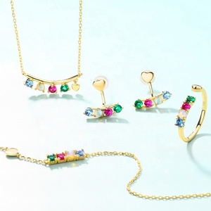 925 Sterling Silver Gold Vermeil Opal rainbow CZ Heart <strong>Front</strong> <strong>Back</strong> Ear Jackets <strong>Earrings</strong> - Product Image 4