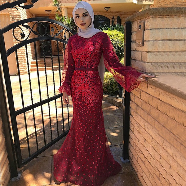 Elegant Wine Red Arabic Muslim Long Sleeve Hijab Evening Dress for Weddings  - Custom Size & Plus Size Available