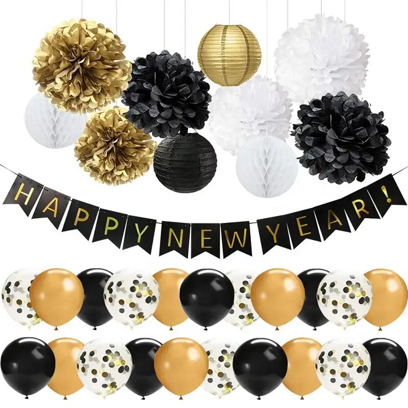 41 PCS Black Gold Happy New Year Decorations Set for New Years Eve Party Decorations 2022 New Year Party Supplies