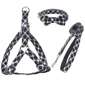 Wholesale quality England style elegant dog harness striped cotton fabric pet chest strap dog leads collar