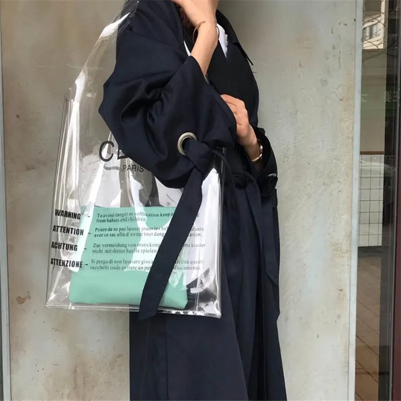 Trasparente Shopping sicurezza lavoro Tote spalla moda donna riutilizzabile drogheria estate borsa da spiaggia borsa Tote in PVC dimensioni personalizzate