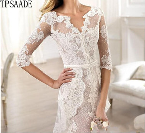 Robe de mariée <span class=keywords><strong>Sxey</strong></span> en dentelle transparente à manches courtes, devant court et dos long, voile à étages, fermeture éclair fendue, nouveau design 2025 WF258 - Product Image 3