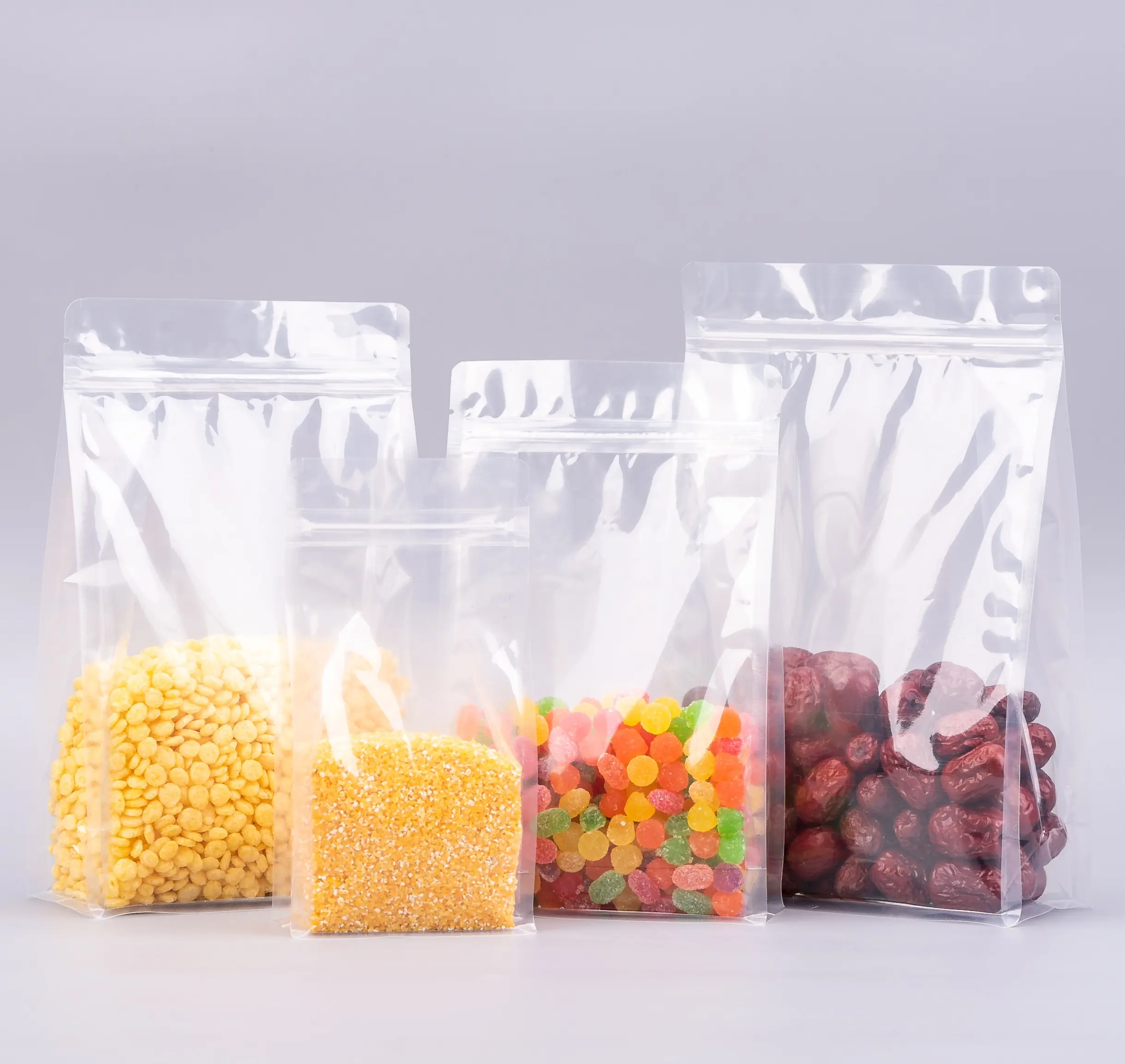 Personalizado Transparente Claro Stand Up Ziplock Bolsas Food Nuts Snack Embalagem 8 Side Seal Flat Bottom Plastic Zipper Bag