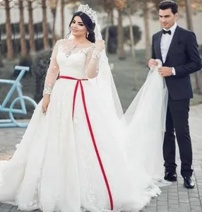 Red And White Applique Plus Size Long Sleeve Wedding Dress Bridal Gown