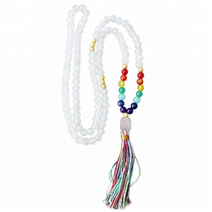 Venta al por mayor mano anudada ágata blanco 7 Chakra piedras preciosas Mala 108 cuentas borla collar Yoga budista - Product Image 4