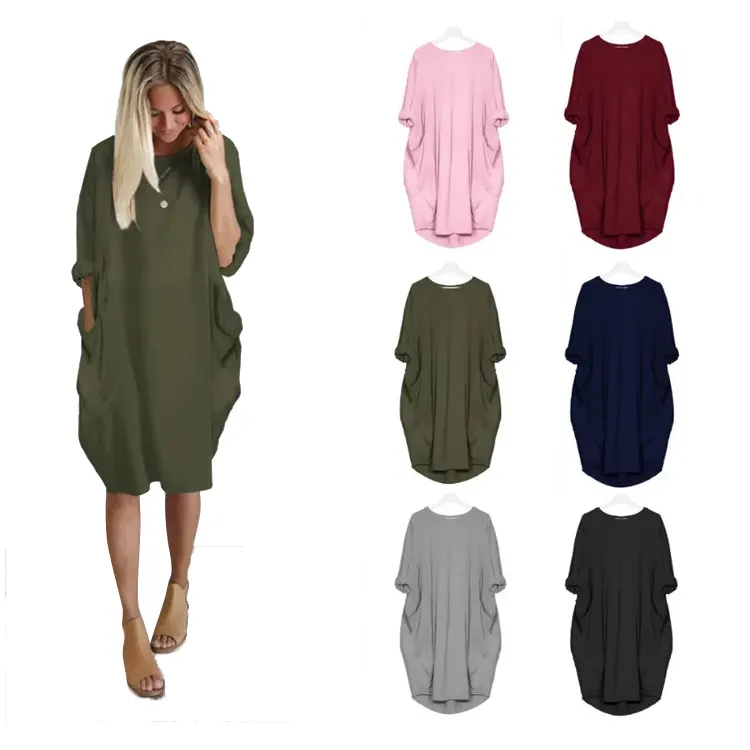 Lieferant Casual Pocket Großhandel China für Damen Damen Loose Cotton Polyester Gestrickt Woolen Plain Dyed Bow Langarm kleid