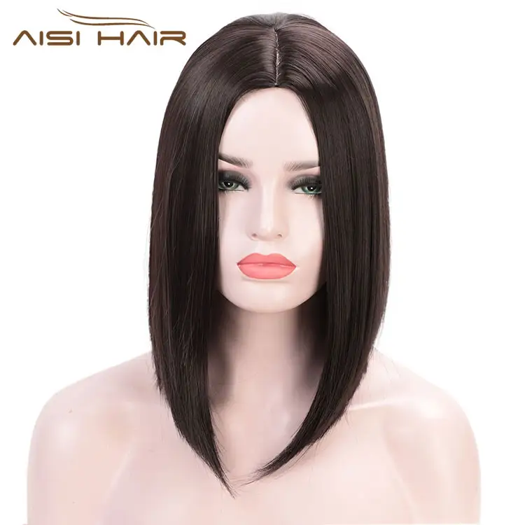 Aisi Hair Straight Natural Black Middle Part Bob Wigs For Women High Temperature Heat Resistant Lace Front Synthetic Wig