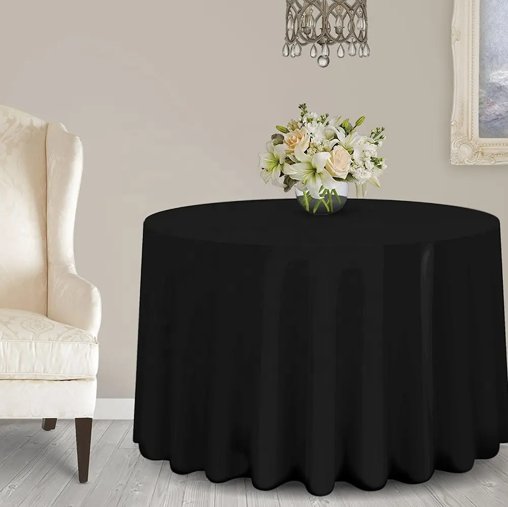 Hot Sale Cheap 120 Inch Black Wedding Polyester Restaurant Luxury Round Tablecloth for Party Decor