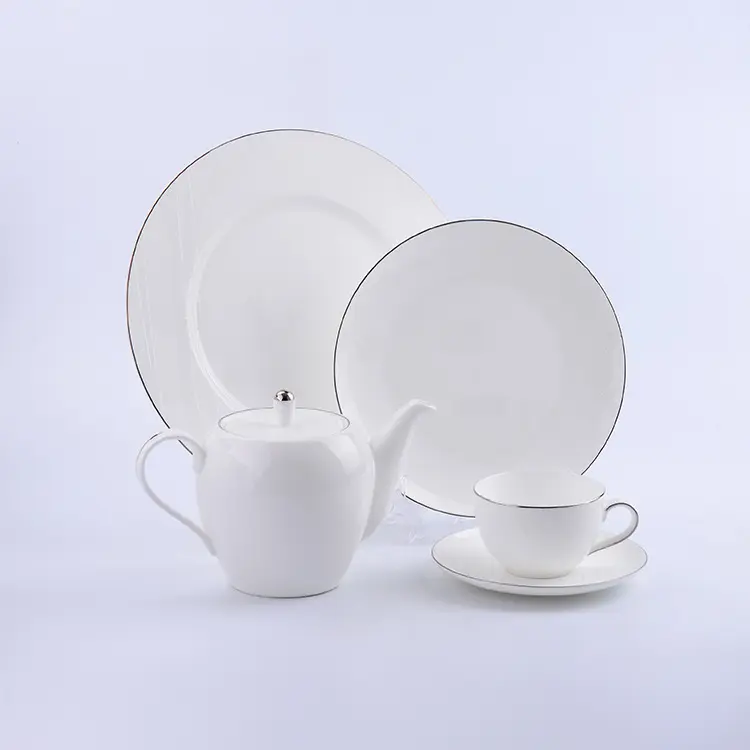 Высококачественная Роскошная королевская белая посуда с серебряным ободком для отеля ресторана, свадебная посуда, набор фарфоровой посуды