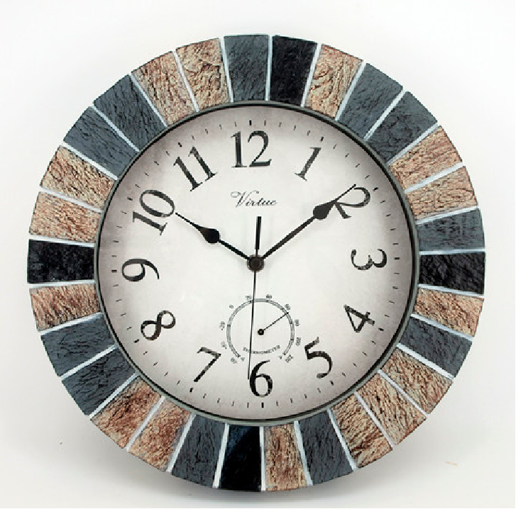 Horloge murale d'extérieur à quartz, en fausse pierre, thermomètre, étanche, pour le jardin et l'extérieur