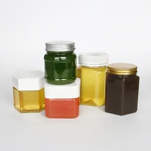 PET plastic hexagon jar with metal lid, plastic jar for honey jam