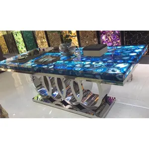 Luxury Semi Precious Stone Dining Table Natural Blue Agate Marble Table Top