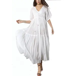 Gaun Maxi Linen Katun Kerah V Terbuka, Gaun Midi Kasual Panjang Putih Desain Baru Terbaru Warna Polos Bohemia Longgar untuk Wanita