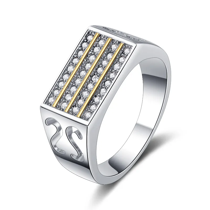 ZHILIAN Chunky Ring in Turkish Style Men Ring Silver 925 with CZ Micro Pave Gold Plated Engagement Ring