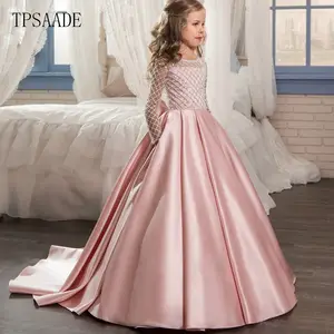 Latest Design Pink Satin Long Sleeve Bow Back Pockets Girl Wedding Dress WF294