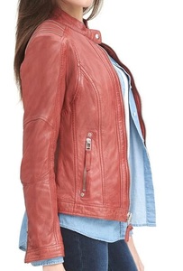 Chaqueta de motorista de piel de oveja Beige oscuro para mujer, novedad deportiva, moda personalizada, venta al por mayor, barata - Product Image 3
