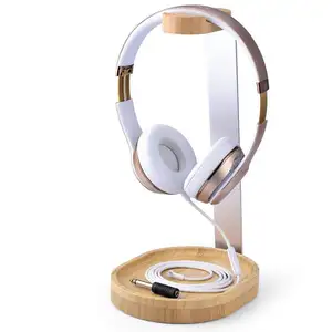 Universal Aluminum Bamboo Headphone Stand Hanger with Cable Holder for Headset and Earphone Display