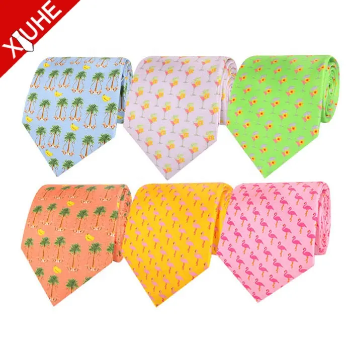 Fashion Design Customizable Tie Green Flamingo Animal Silk Neckties Custom Printed Men Silk Ties