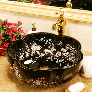 Chine Peinture fleur <span class=keywords><strong>de</strong></span> prunier céramique peinture Art Lavabo <span class=keywords><strong>salle</strong></span> <span class=keywords><strong>de</strong></span> <span class=keywords><strong>bain</strong></span> navire éviers noir fleur forme céramique lavabo - Product Image 3