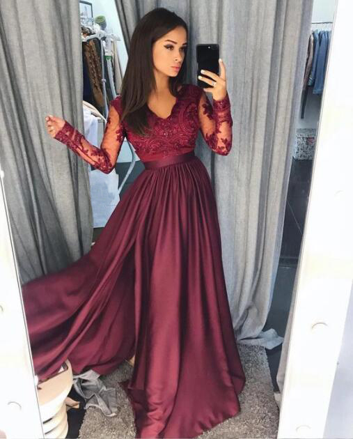 Shop V-Neck Tailor Made Mexican Long Sleeve Ladies Prom Dresses with Slit