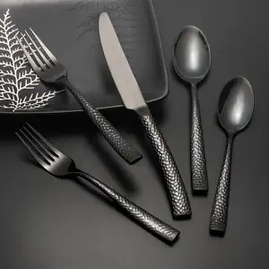 Juego de cubertería de acero inoxidable, cuchillo de cocina, cuchara y tenedor para eventos de boda, color negro, venta al por mayor