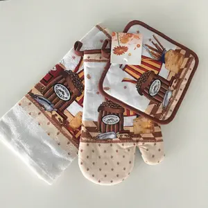 Venta al por mayor tela de algodón Potholder toalla de cocina manoplas de horno 3 unids juego de cocina