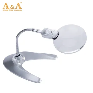 Promotional flexible metal hose 4x reading desktop magnifier with led light, table lamp magnifier