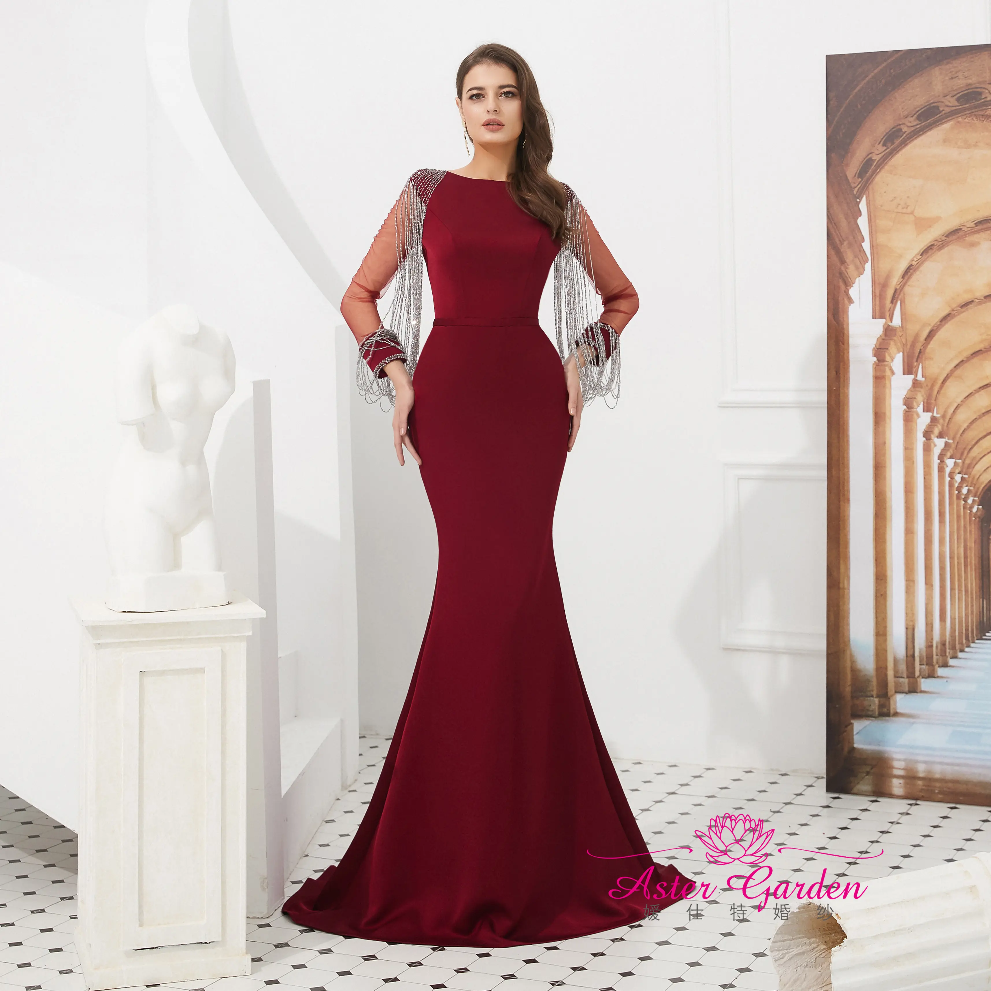 Elegantes Meerjungfrau-Abendkleid für Frauen Rotes Kleid Illusion Langarm-Party kleid Langes Abendkleid