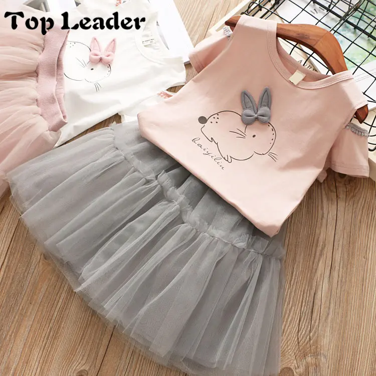 Top Leider 3-8 Y Meisjes Pasen Jurk Zomer 2021 Merk Kids Kleding Wit Cartoon Schattige Bunny Set 2 stuks Korte Mouw T-shirt + Sluier