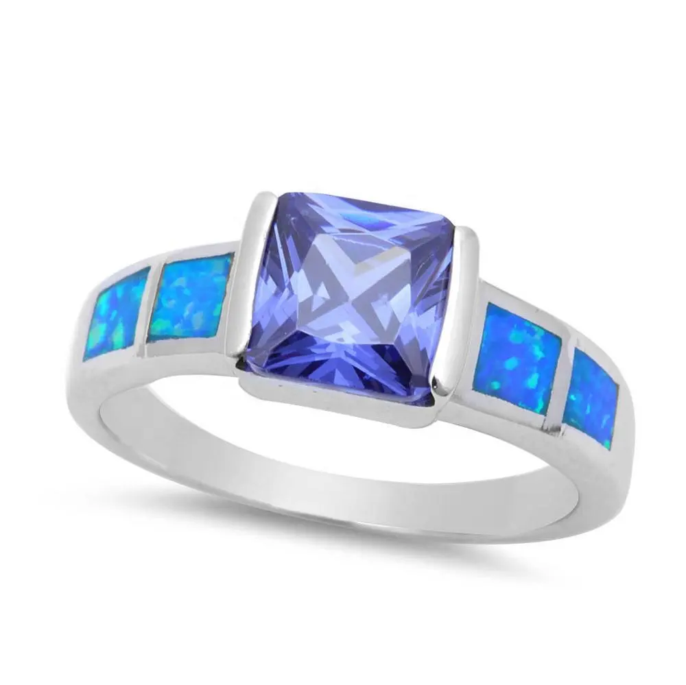 Perhiasan Perak 925 Cincin Pernikahan Wanita, Tanzanite dan Opal Biru