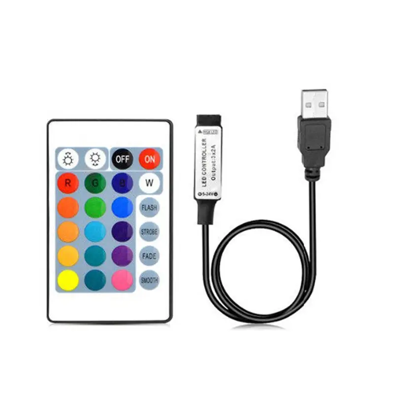 1m USB DC 5-24V Inline IR Controller with 24 Key Wireless Controller for 5050 3528 RGB LED Light Strip