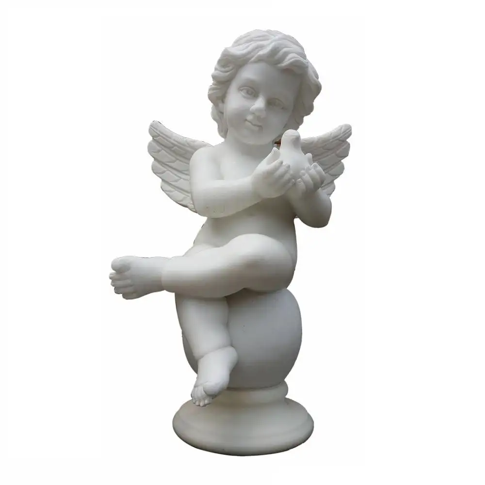 Beyaz mermer küçük melek bibloları taş barış melek heykelleri bebek melek ve kuş barış heykeller