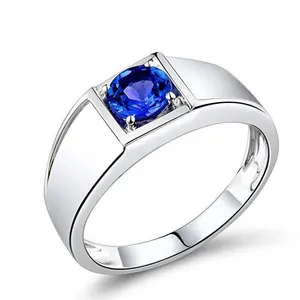 Groothandel 925 Sterling Zilveren Sieraden Mannen Zilveren Ring Engagement Mannen Ring Ronde Cut Sapphire Ring