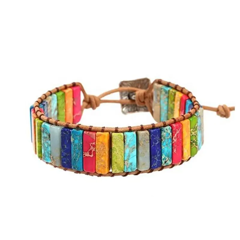 Multicolor Natural Stone Tube Beads Chakra Bracelet Gorgeous Adjustable Wristband Leather Wrap Bracelet Couples Jewelry