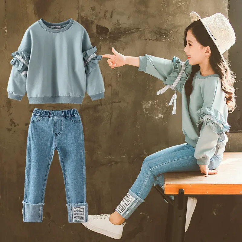 2019 Baby Blumen ärmel Hoody und Jeans Set trend ige Teen Girls Frühlings kleidung