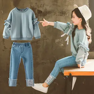 2019 Baby Bloem Mouwen Hoody En Jeans Set Trendy Tiener Meisjes Lente Kleding