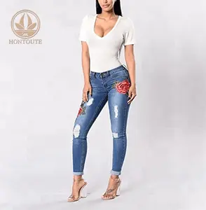 2018 Mais Recente Moda Lavado Bordados Jeans Skinny Mulheres Denim Calças de Brim