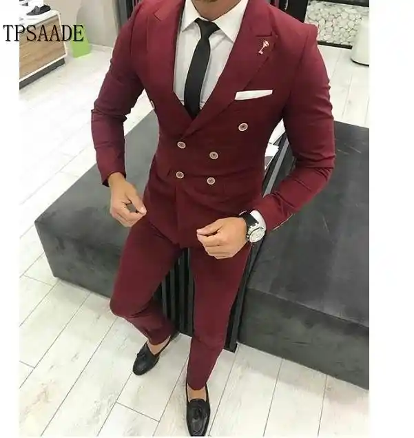 Men's Double Breasted Coat Blazer Slim Fit Red Double 