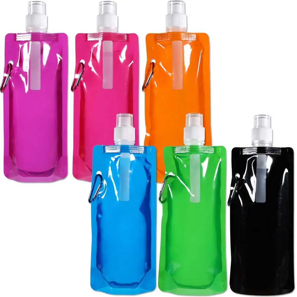 Durable BPA Free Sports Water Bottles Collapsible foldable water bag with Carabiner for Travel Spout Pouch