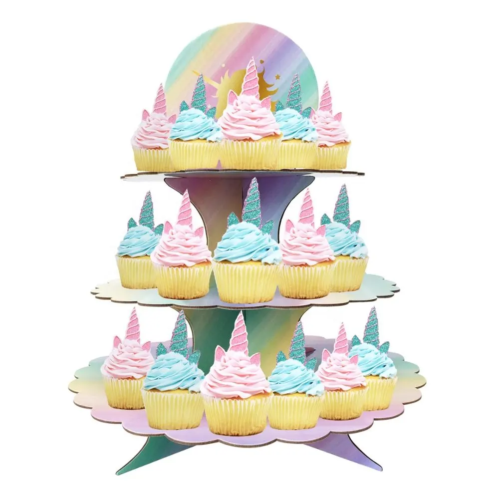 Nuovo prodotto supporto per torta per cupcake con decorazione per feste di unicorno in cartone di carta per carrozza a 3 livelli per forniture per cupcake