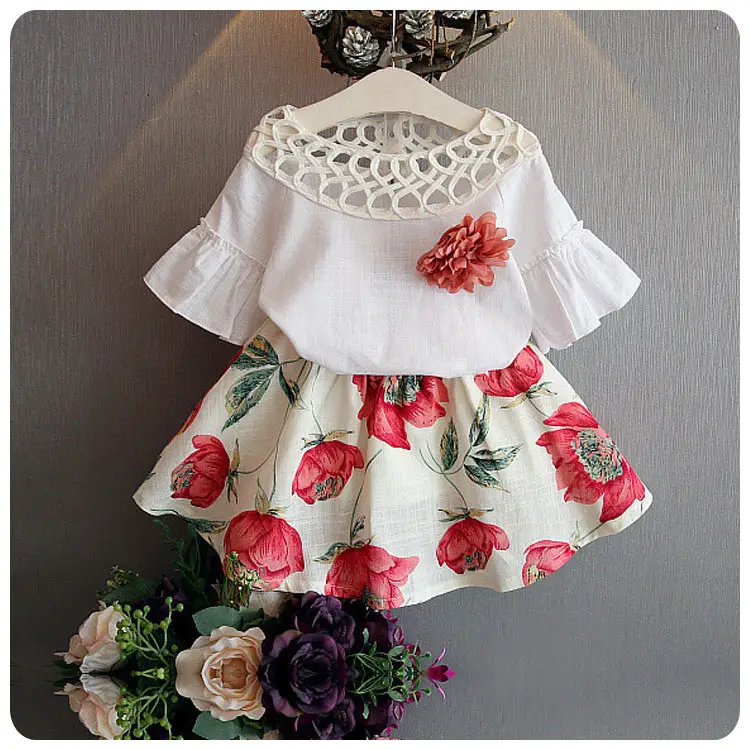 Shenzhen kids clothing with hollow out the collar flared sleeve blouse floral skirt suit cheap china wholesale kids