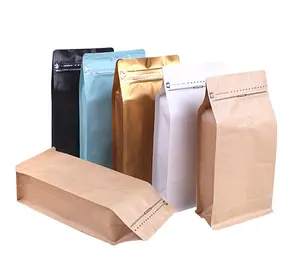 100g 250g 500g 1kg Biodegradable Stock Flat Bottom Brown Kraft Paper Coffee Bean Bags With Valve And Ziplock